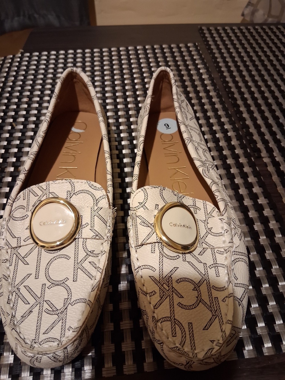 Calvin Klein Cream Logo-Print Loafers with Gold Emblem